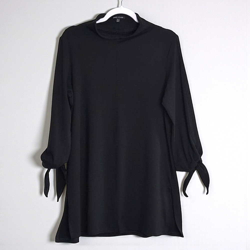 Robert Kitchen Tie Sleeve Mock Neck Tunic Top Side Slit Black Witchy Goth M
